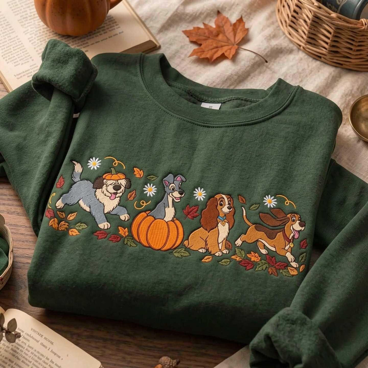 Embroidered Dog Crewneck Sweatshirt, Autumn Pumpkin Season Pullover (Dark Chocolate)