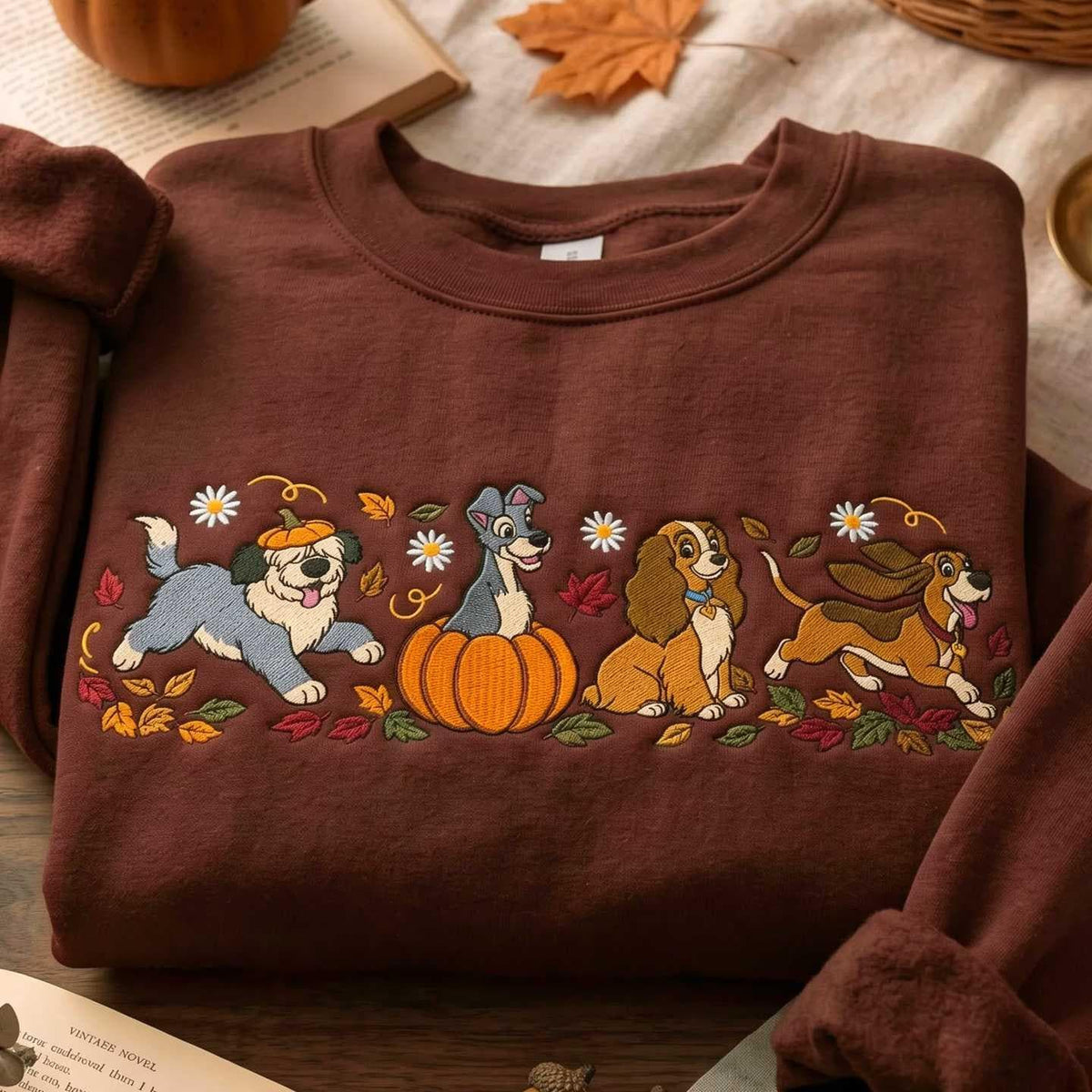 Embroidered Dog Crewneck Sweatshirt, Autumn Pumpkin Season Pullover (Dark Chocolate)