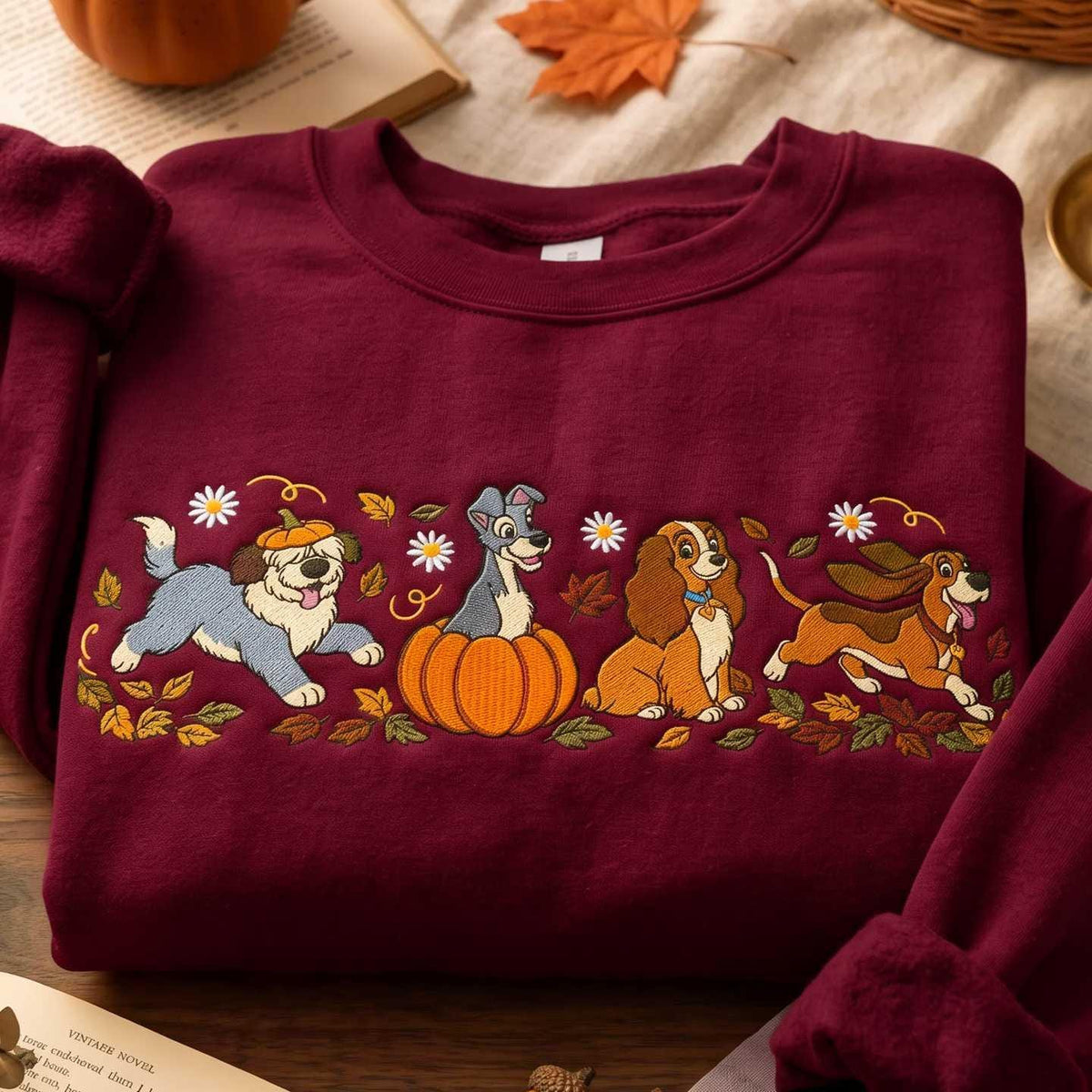 Embroidered Dog Crewneck Sweatshirt, Autumn Pumpkin Season Pullover (Dark Chocolate)