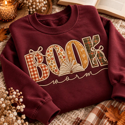 Embroidered Bookworm Sweatshirt, Fall Applique Crewneck, Cottagecore Reader Gift