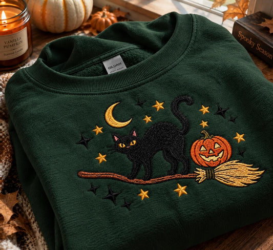 Embroidered Black Cat Halloween Sweatshirt, Witchy Pumpkin Broom Crewneck (65% Cotton)