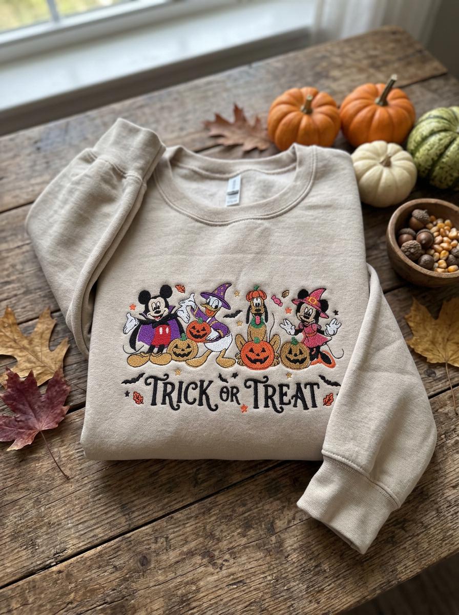Embroidered Halloween Character Sweatshirt, Spooky Season Crewneck (65% Cotton)