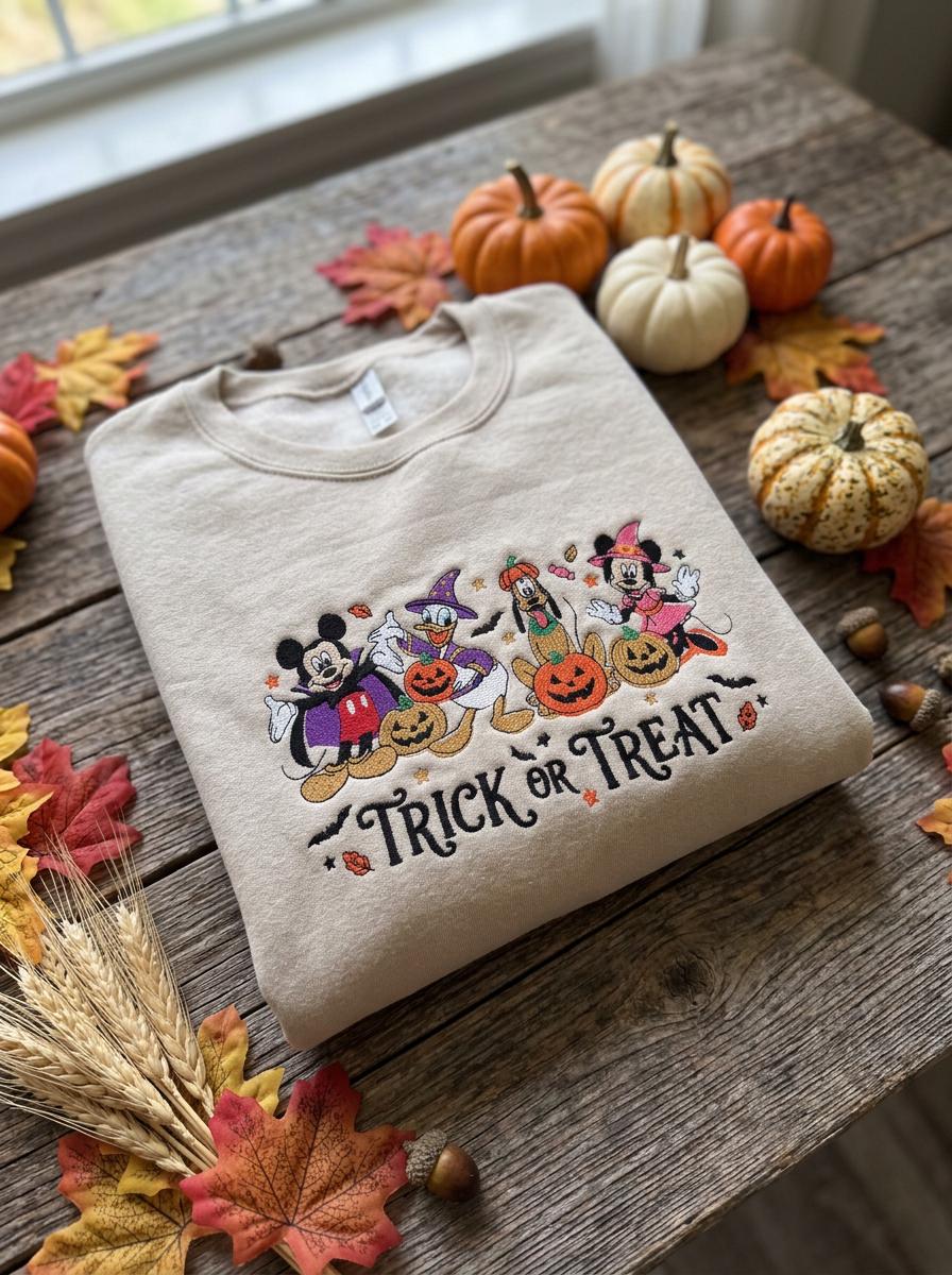 Embroidered Halloween Character Sweatshirt, Spooky Season Crewneck (65% Cotton)