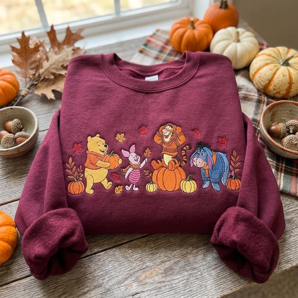 Embroidered Fall Bear Crewneck Sweatshirt, Pumpkin Friends, Cozy Cotton Blend