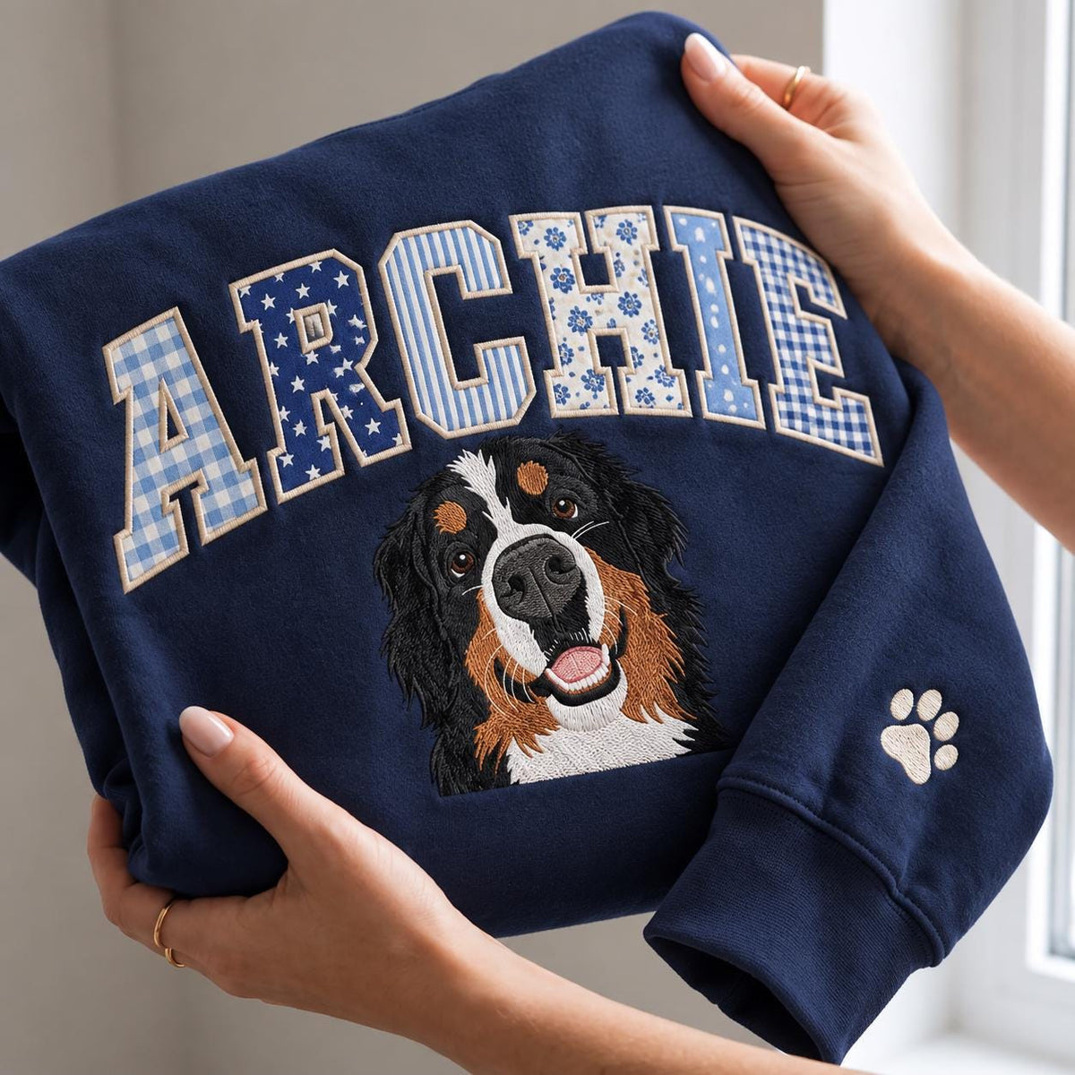 Custom Embroidered Pet Portrait Sweatshirt, Personalized Dog Cat Name Crewneck (65% Cotton Blend)