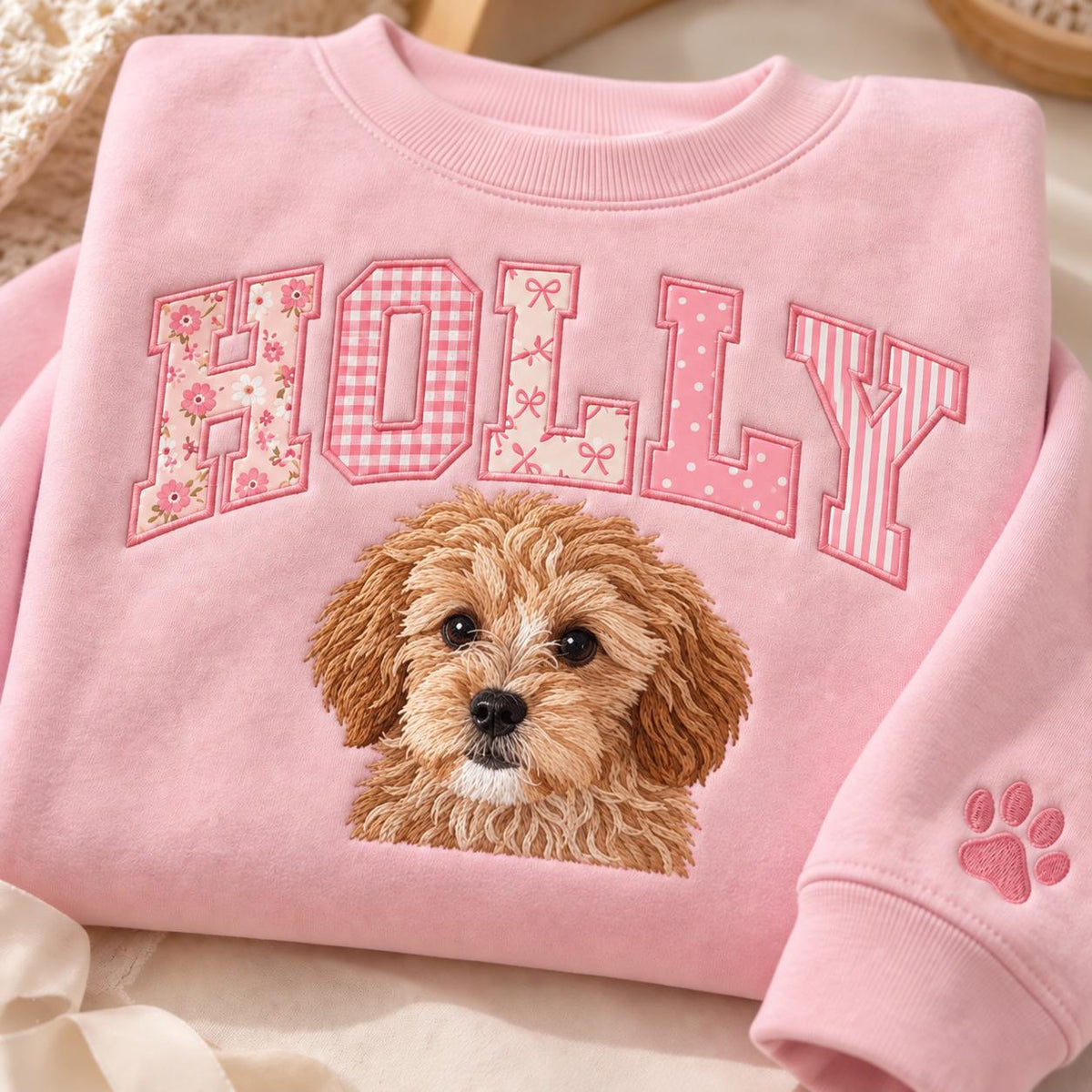 Custom Embroidered Pet Portrait Sweatshirt, Personalized Dog Cat Name Crewneck (65% Cotton Blend)