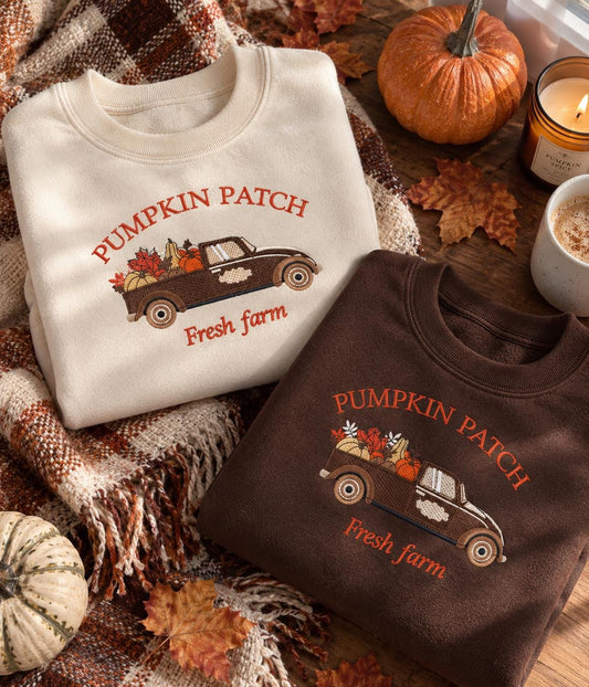 Embroidered Pumpkin Truck Sweatshirt, Fall Farm Crewneck, Autumn Cotton Blend