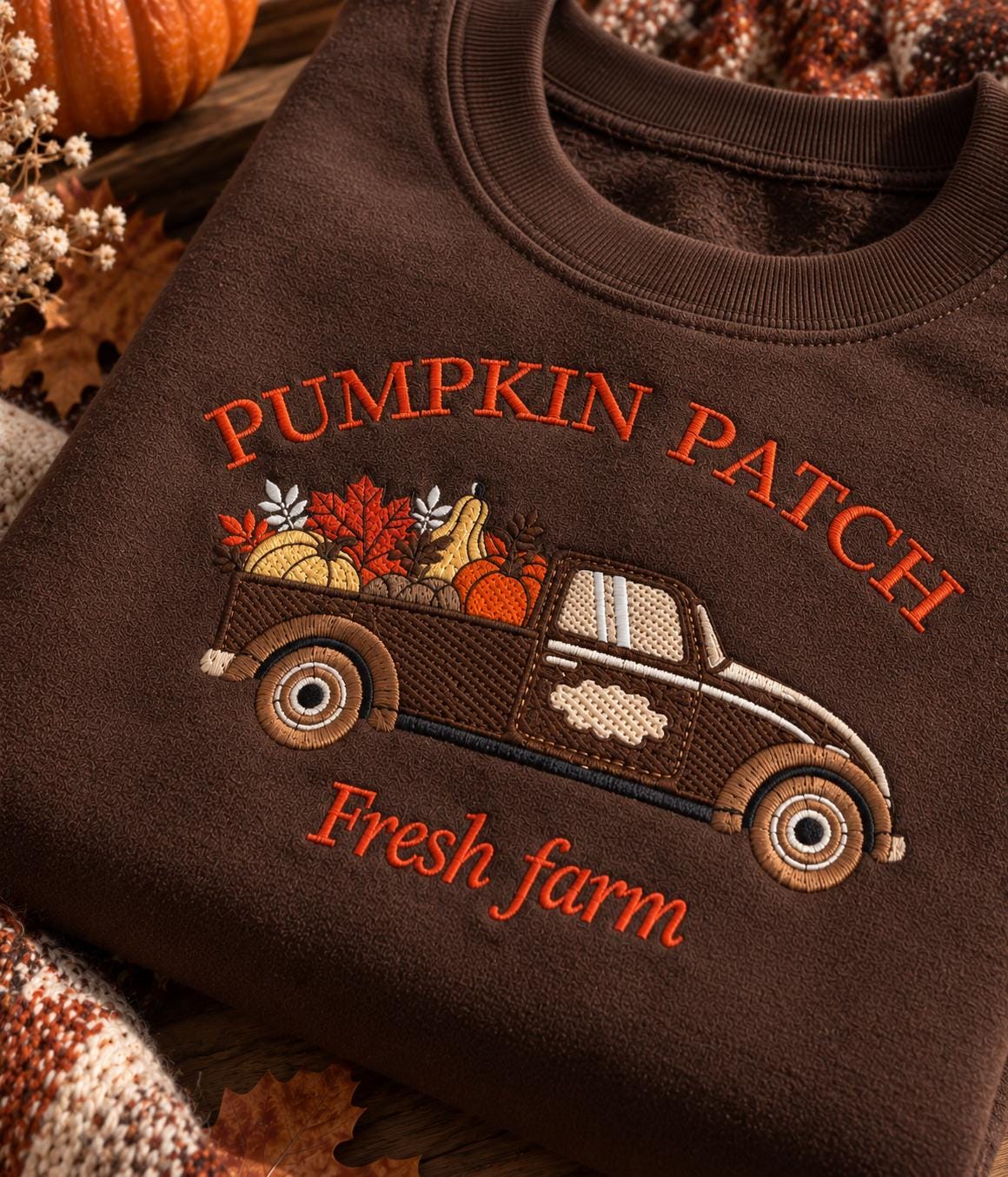 Embroidered Pumpkin Truck Sweatshirt, Fall Farm Crewneck, Autumn Cotton Blend