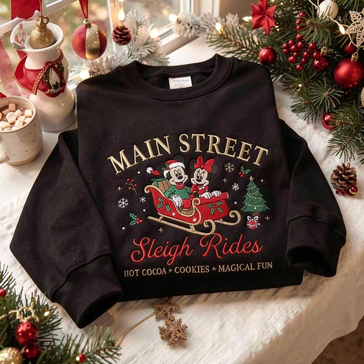 Embroidered Sleigh Ride Sweatshirt, Festive Christmas Pullover, Cozy Cotton Blend Crewneck
