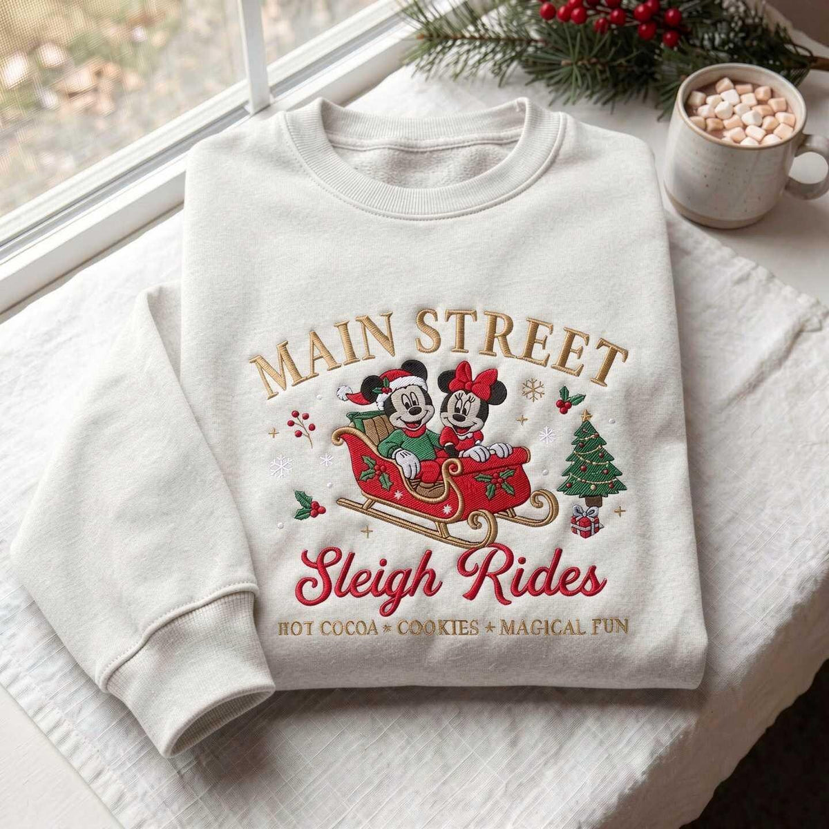 Embroidered Sleigh Ride Sweatshirt, Festive Christmas Pullover, Cozy Cotton Blend Crewneck