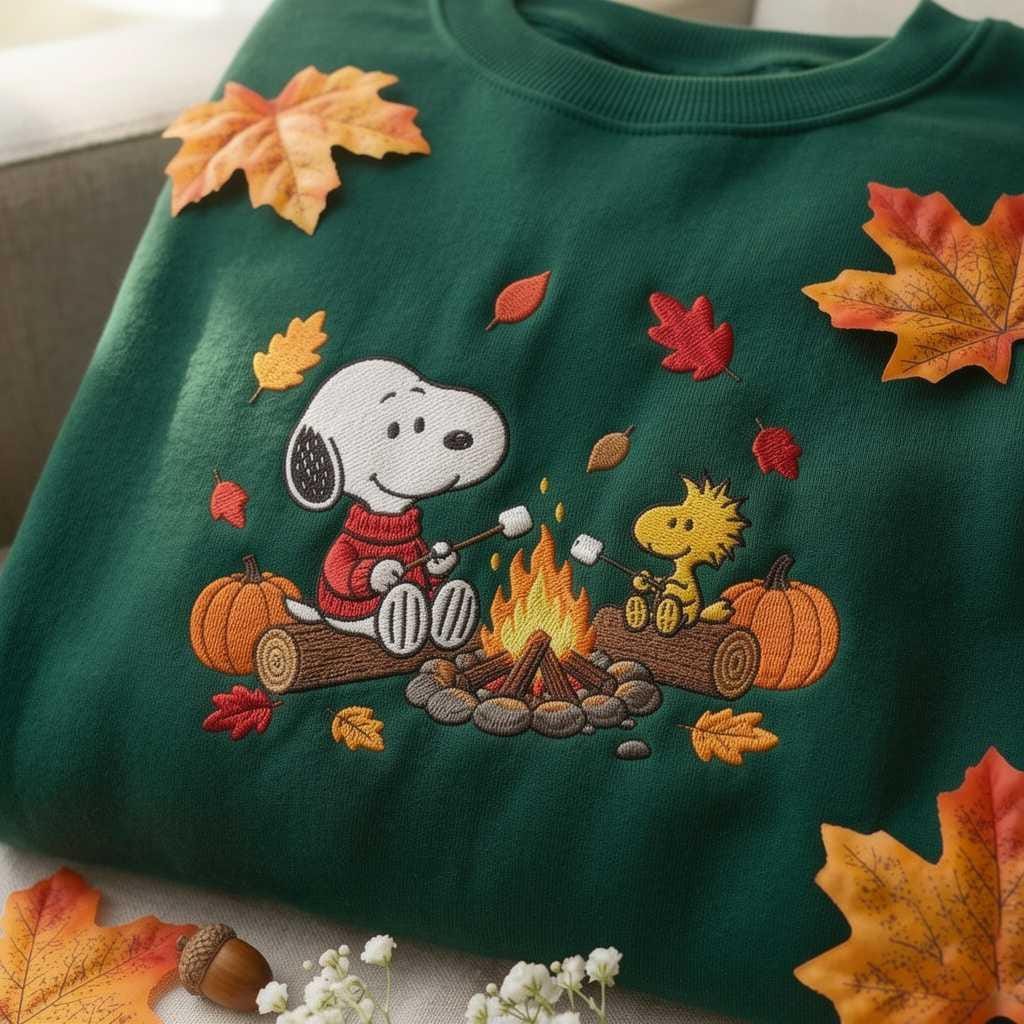 Embroidered Fall Campfire Sweatshirt, Autumn Leaves, Pumpkin Camping Crewneck
