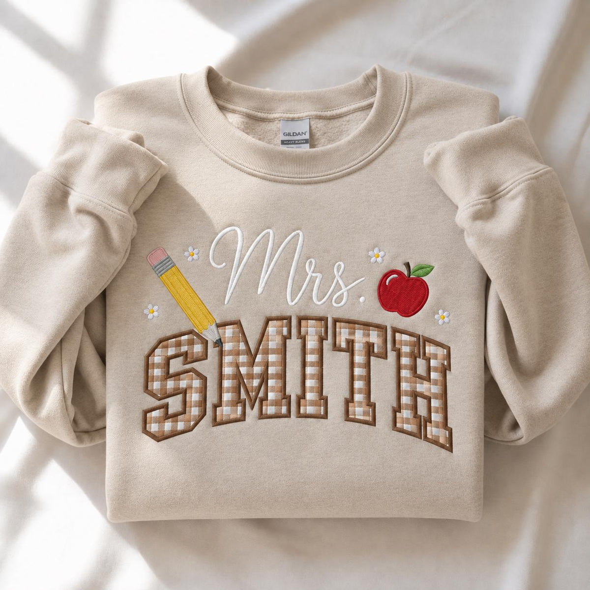 Personalized Teacher Embroidered Sweatshirt, Gingham Appliqué Crewneck (65% Cotton)
