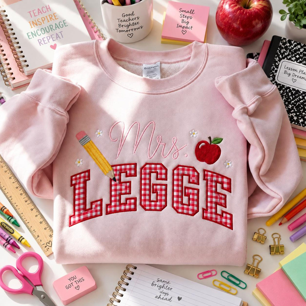 Personalized Teacher Embroidered Sweatshirt, Gingham Appliqué Crewneck (65% Cotton)