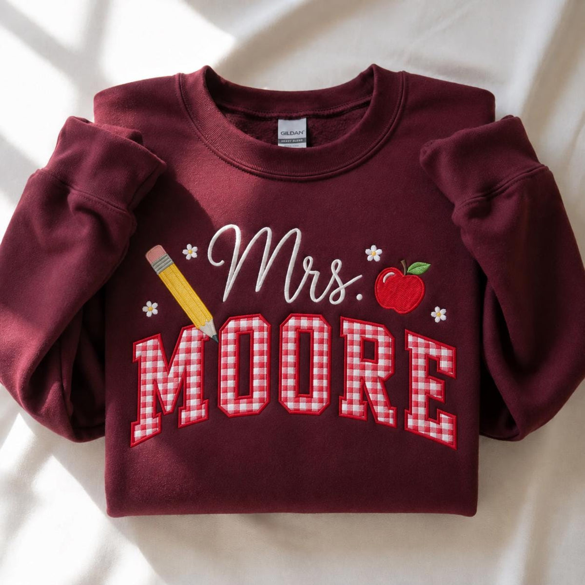 Personalized Teacher Embroidered Sweatshirt, Gingham Appliqué Crewneck (65% Cotton)