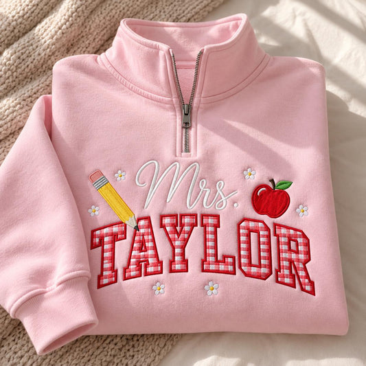 Personalized Teacher Embroidered Sweatshirt, Gingham Appliqué Crewneck (65% Cotton)