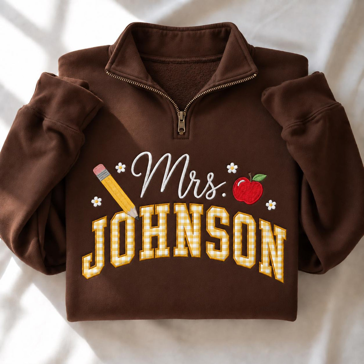 Personalized Teacher Embroidered Sweatshirt, Gingham Appliqué Crewneck (65% Cotton)