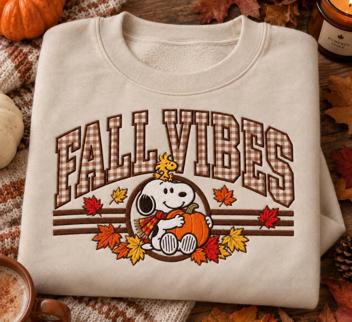 Fall Vibes Embroidered Sweatshirt, Brown Gingham Appliqué, Cozy Fall Crewneck