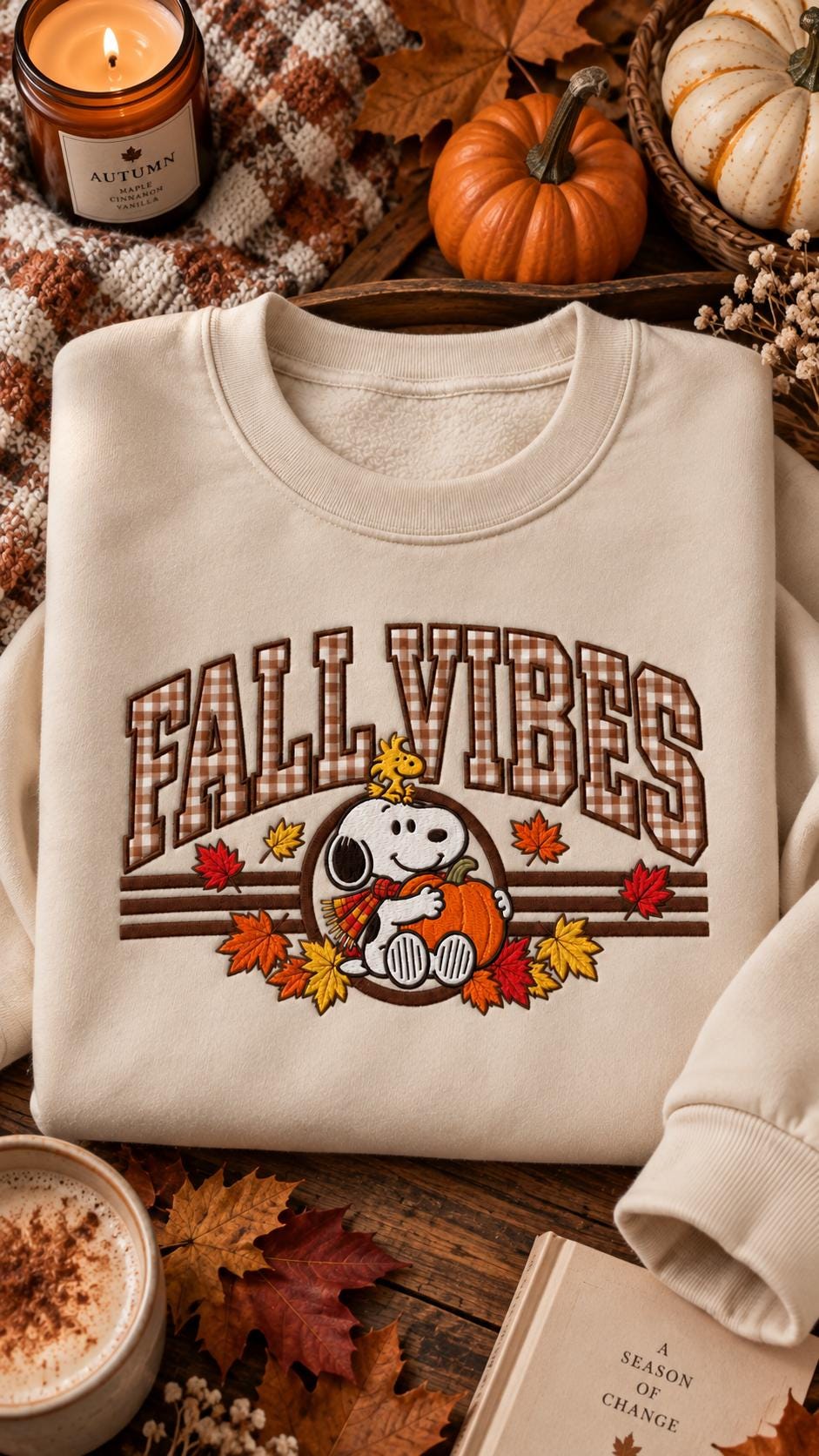 Fall Vibes Embroidered Sweatshirt, Brown Gingham Appliqué, Cozy Fall Crewneck