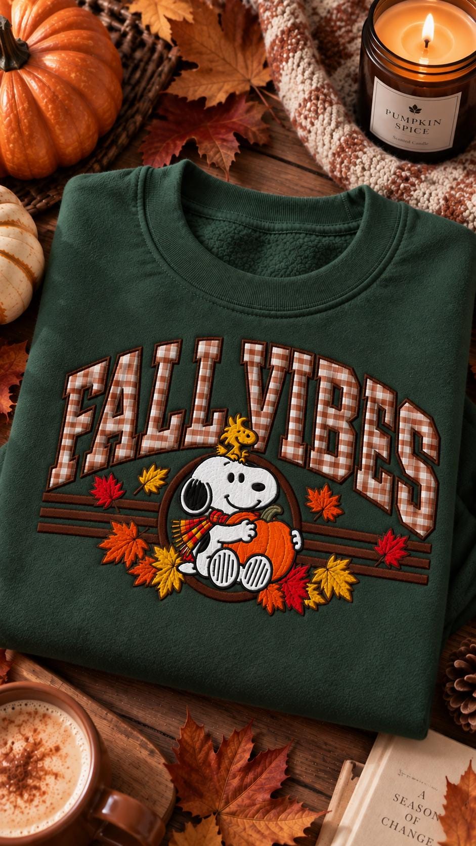Fall Vibes Embroidered Sweatshirt, Brown Gingham Appliqué, Cozy Fall Crewneck