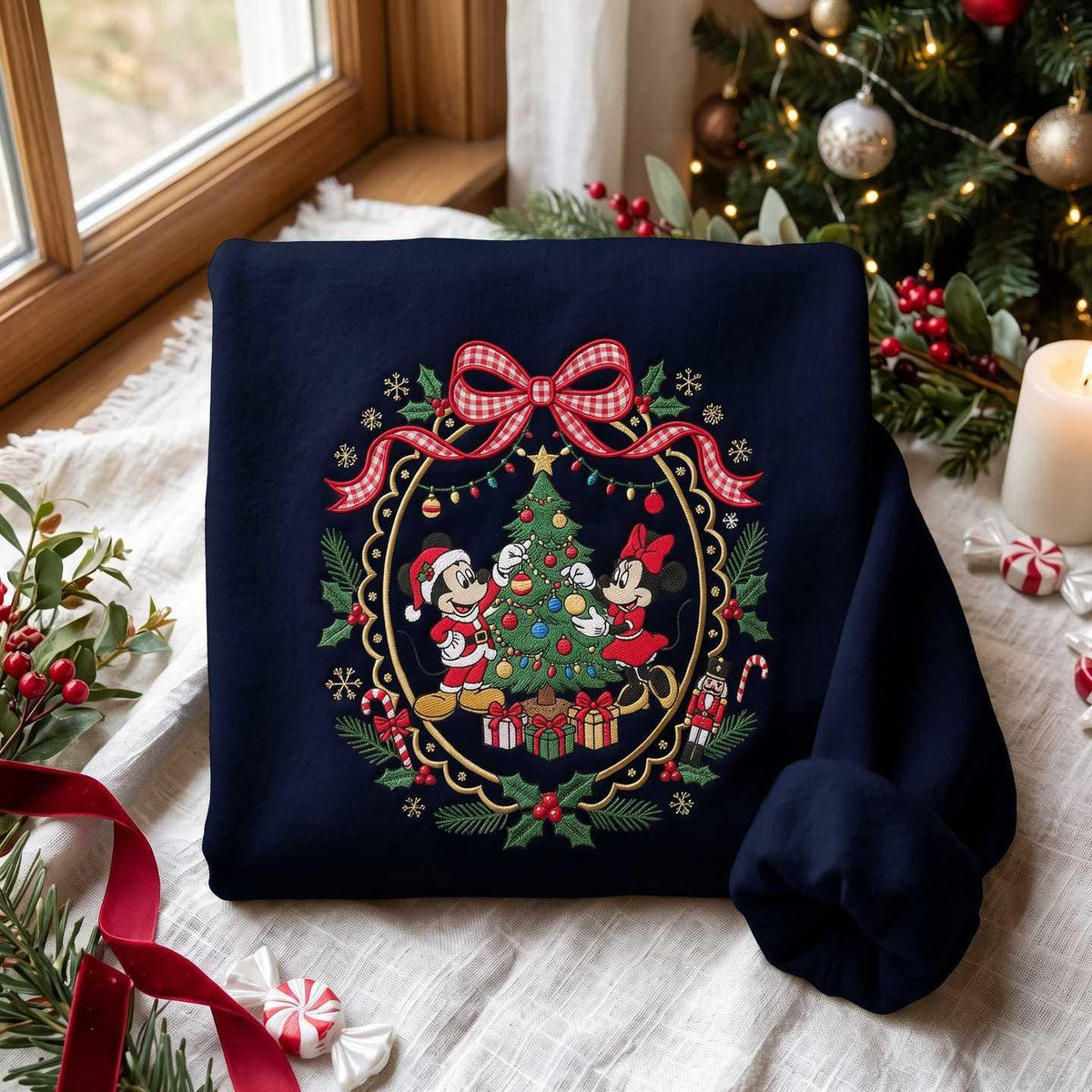 Embroidered Bow Wreath Sweatshirt, Festive Christmas Pullover, Cozy Cotton Blend Crewneck