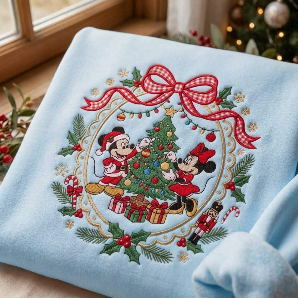 Embroidered Bow Wreath Sweatshirt, Festive Christmas Pullover, Cozy Cotton Blend Crewneck