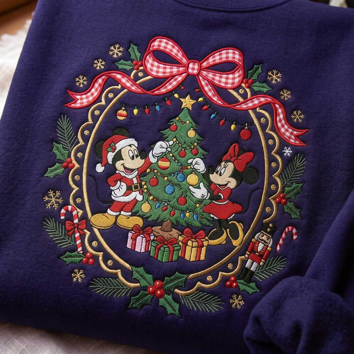 Embroidered Bow Wreath Sweatshirt, Festive Christmas Pullover, Cozy Cotton Blend Crewneck