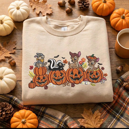 Woodland Friends Pumpkin Crewneck Sweatshirt, Autumn Bear Pig Tiger Donkey Sweater