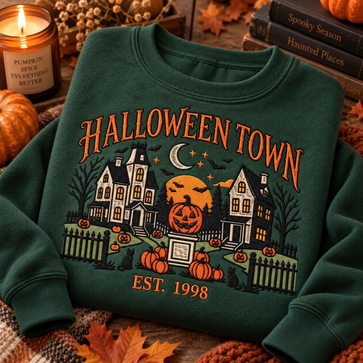 Embroidered Halloween Town Sweatshirt, Spooky Fall Crewneck, Pumpkin Haunted House (65% Cotton)