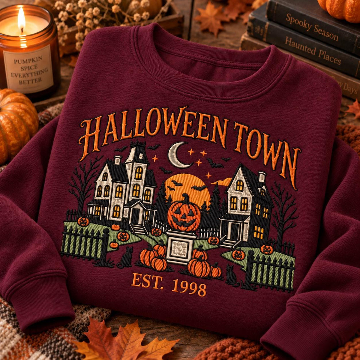 Embroidered Halloween Town Sweatshirt, Spooky Fall Crewneck, Pumpkin Haunted House (65% Cotton)