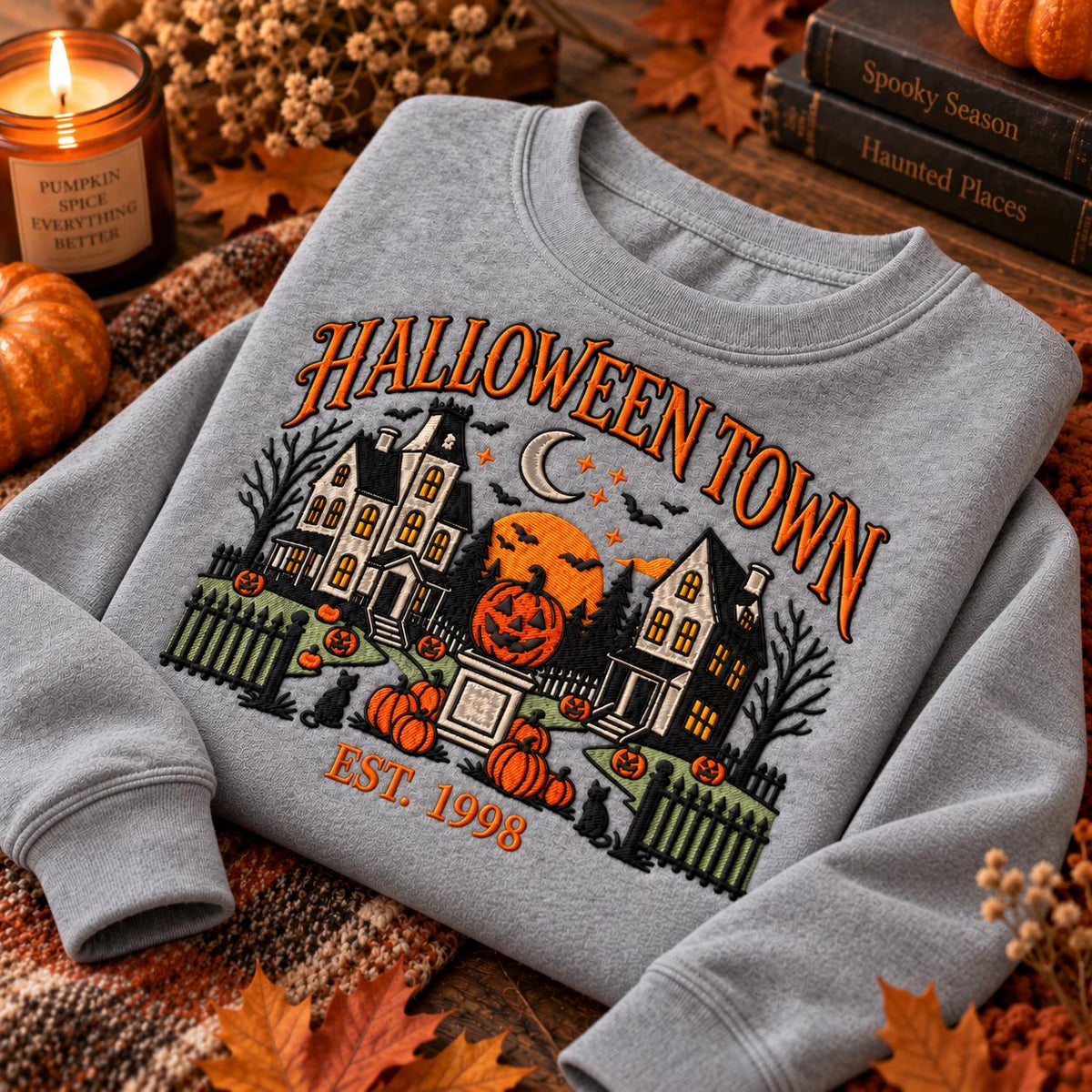 Embroidered Halloween Town Sweatshirt, Spooky Fall Crewneck, Pumpkin Haunted House (65% Cotton)