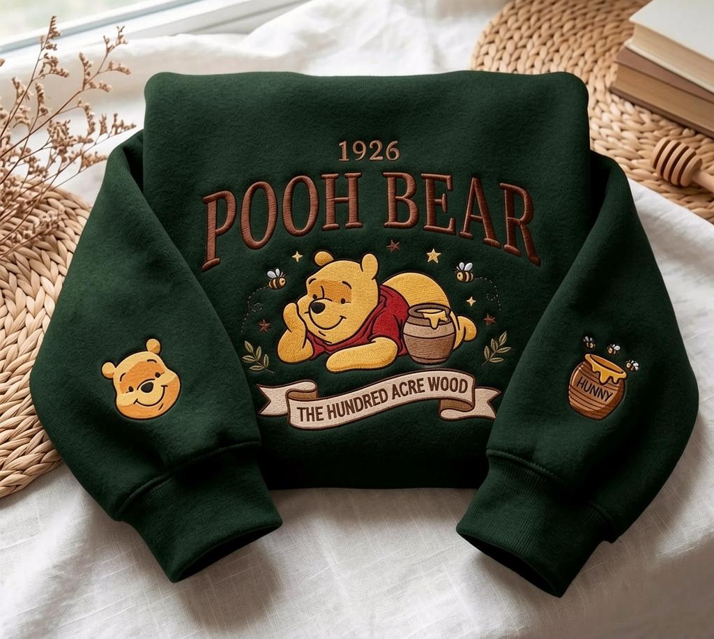 Embroidered  Bear Sweatshirt, Hundred Acre Wood Pullover, Autumn Fleece Crewneck