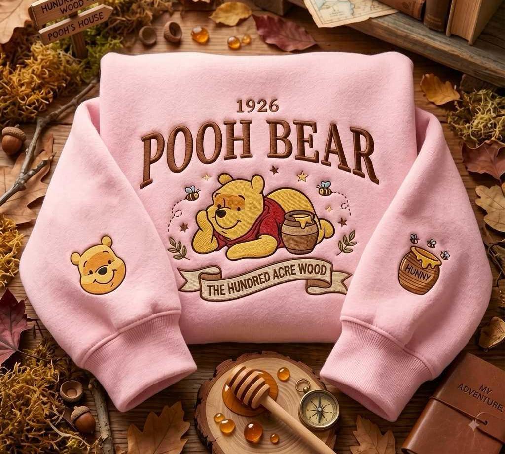 Embroidered  Bear Sweatshirt, Hundred Acre Wood Pullover, Autumn Fleece Crewneck