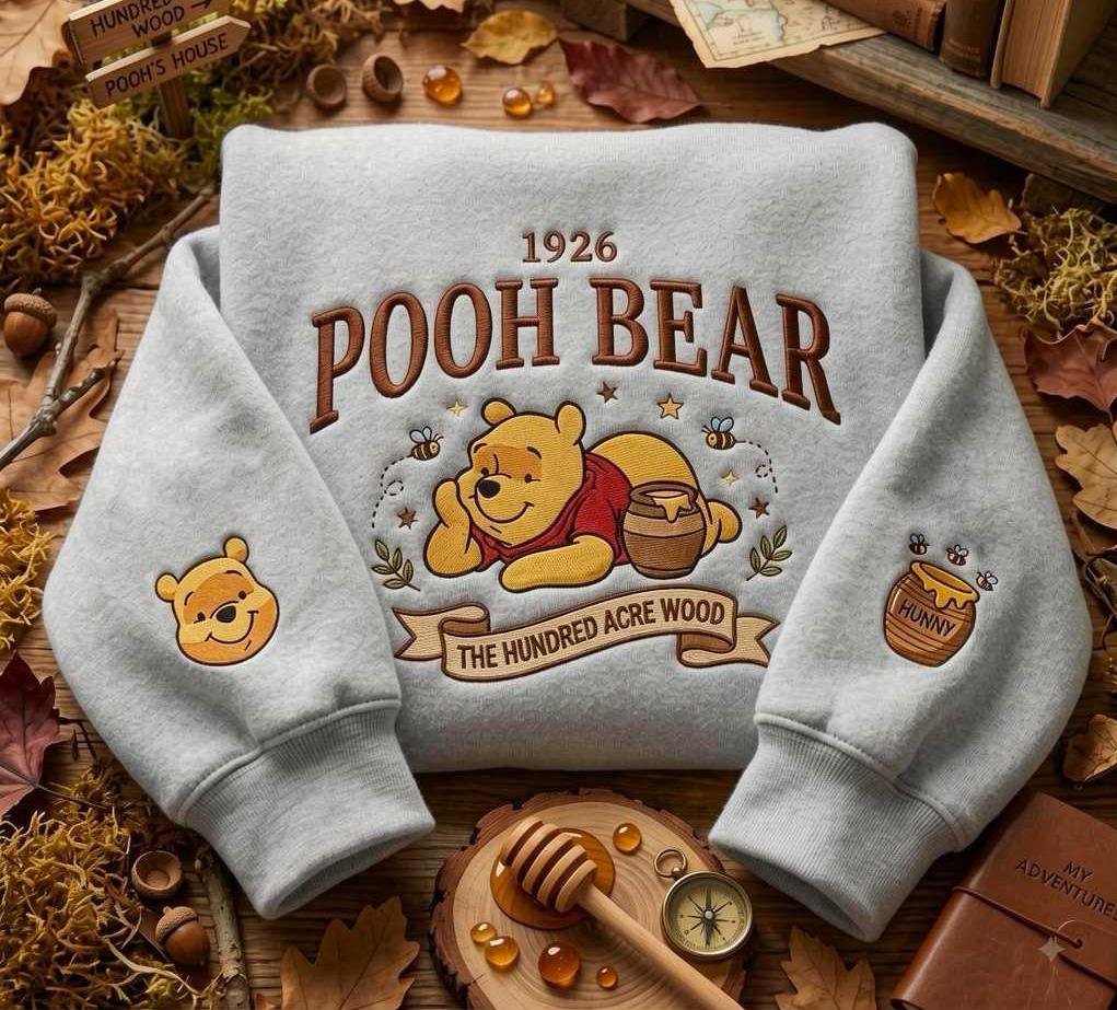 Embroidered  Bear Sweatshirt, Hundred Acre Wood Pullover, Autumn Fleece Crewneck