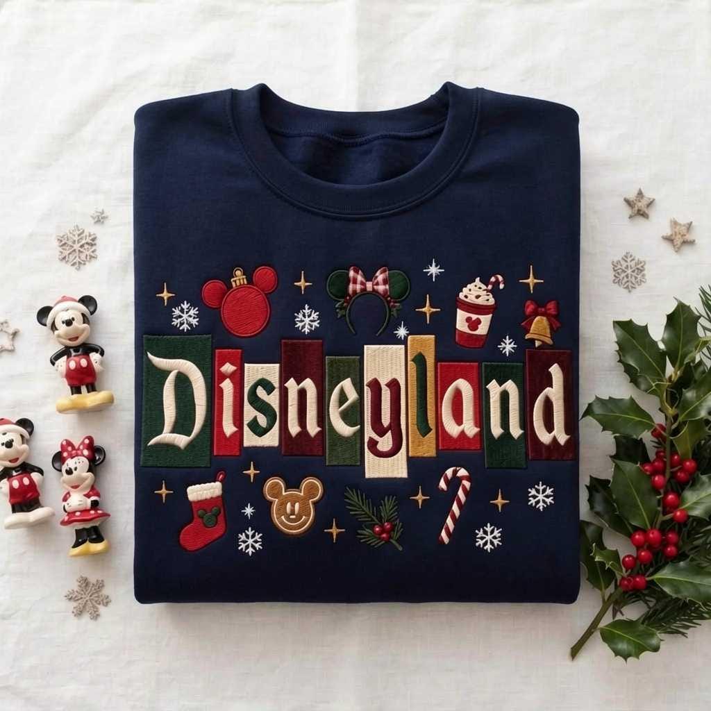 Embroidered Disneyland Christmas Castle Mickey Mouse Sweatshirt, Holiday Crewneck