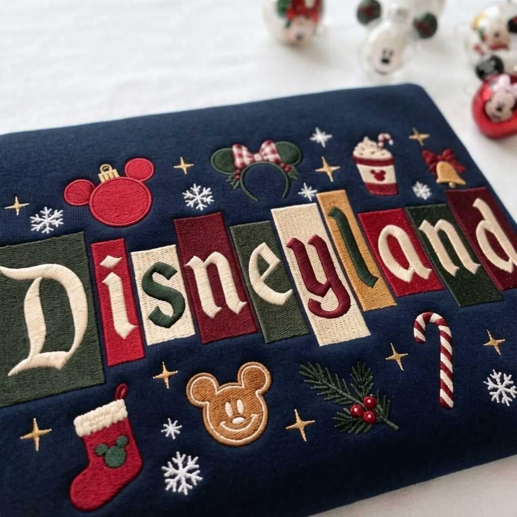 Embroidered Disneyland Christmas Castle Mickey Mouse Sweatshirt, Holiday Crewneck