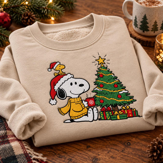 Holiday Dog Embroidered Sweatshirt, Christmas Tree Crewneck, Cozy Winter Sweater, Festive Embroidered Gift