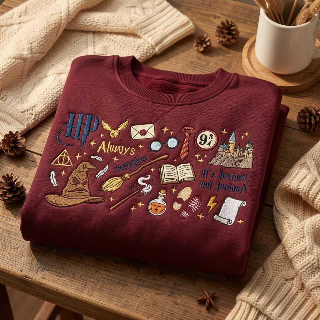 Embroidered Wizard School Sweatshirt, Magical Bookish Pullover, Cozy Fantasy Crewneck