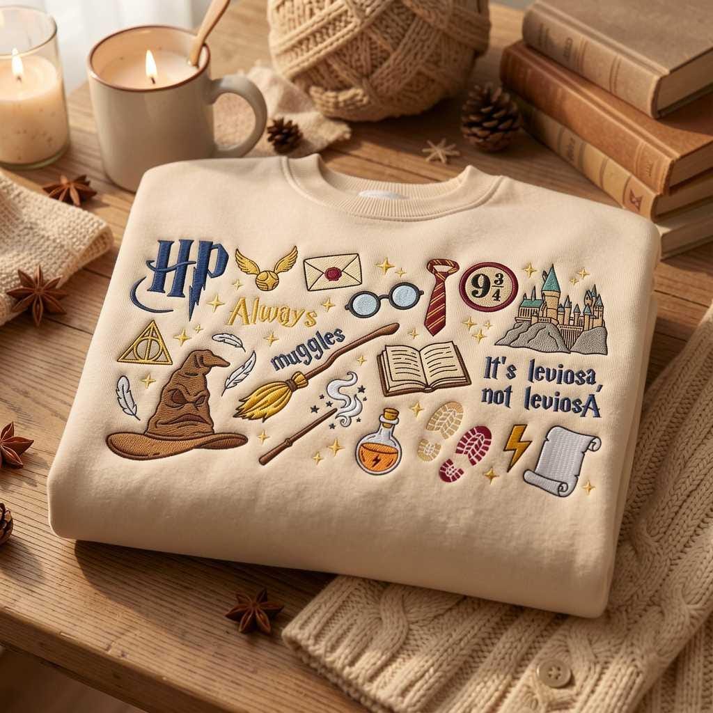 Embroidered Wizard School Sweatshirt, Magical Bookish Pullover, Cozy Fantasy Crewneck