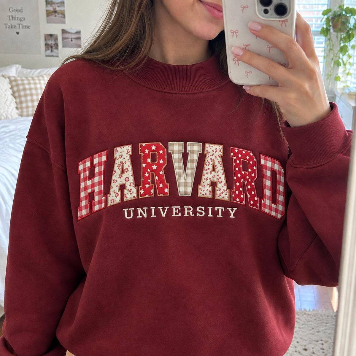 Custom Embroidered Varsity Mockneck Sweatshirt, College Name Patchwork Pullover
