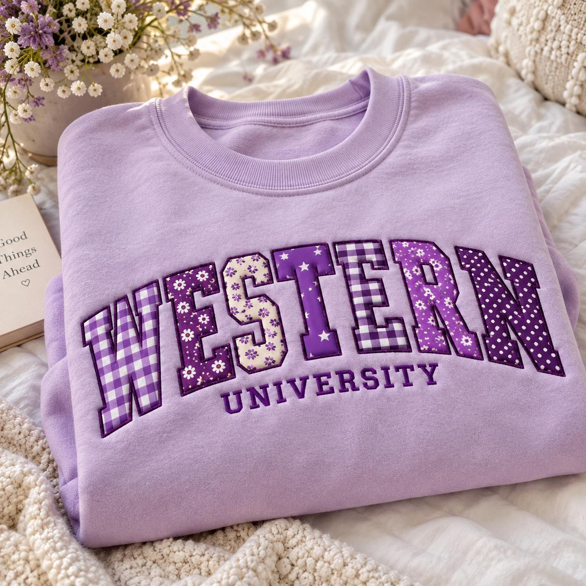 Custom Embroidered Varsity Mockneck Sweatshirt, College Name Patchwork Pullover