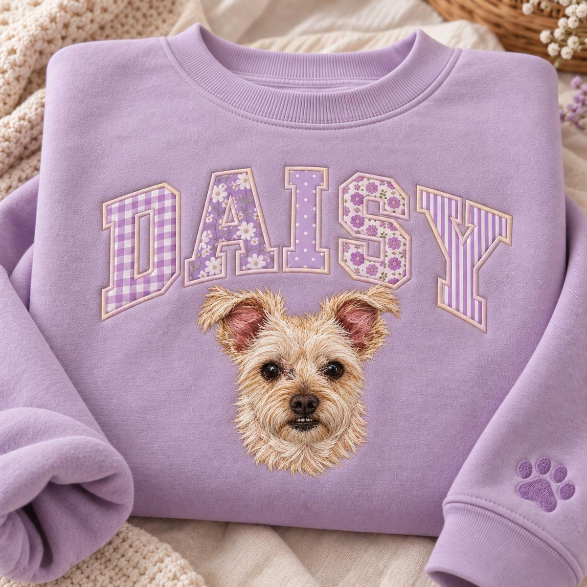Custom Embroidered Pet Portrait Sweatshirt, Personalized Dog Cat Name Crewneck (65% Cotton Blend)