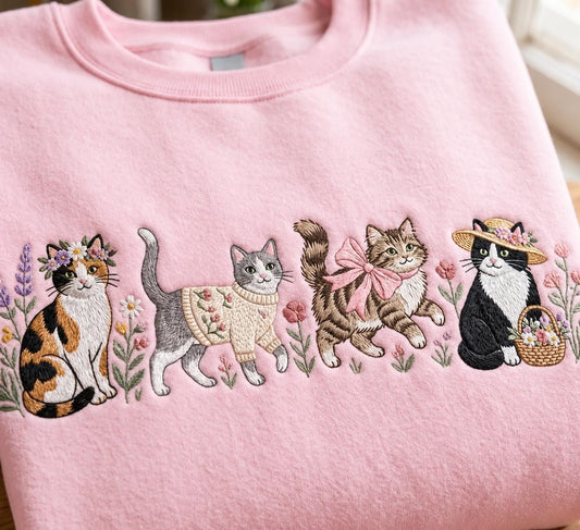 Vintage 90s Cats Embroidered Crewneck, Kitten Nature Sweatshirt, Cottagecore Wildflower Kittens Tee, Cute Pet Floral Shirt, C