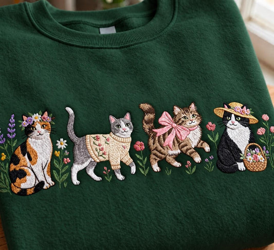 Vintage 90s Cats Embroidered Crewneck, Kitten Nature Sweatshirt, Cottagecore Wildflower Kittens Tee, Cute Pet Floral Shirt, C