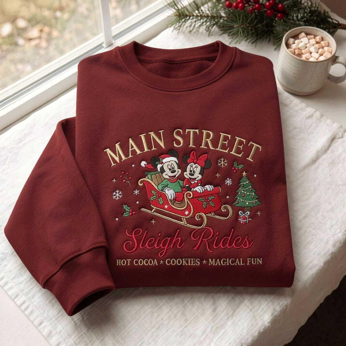 Embroidered Sleigh Ride Sweatshirt, Festive Christmas Pullover, Cozy Cotton Blend Crewneck