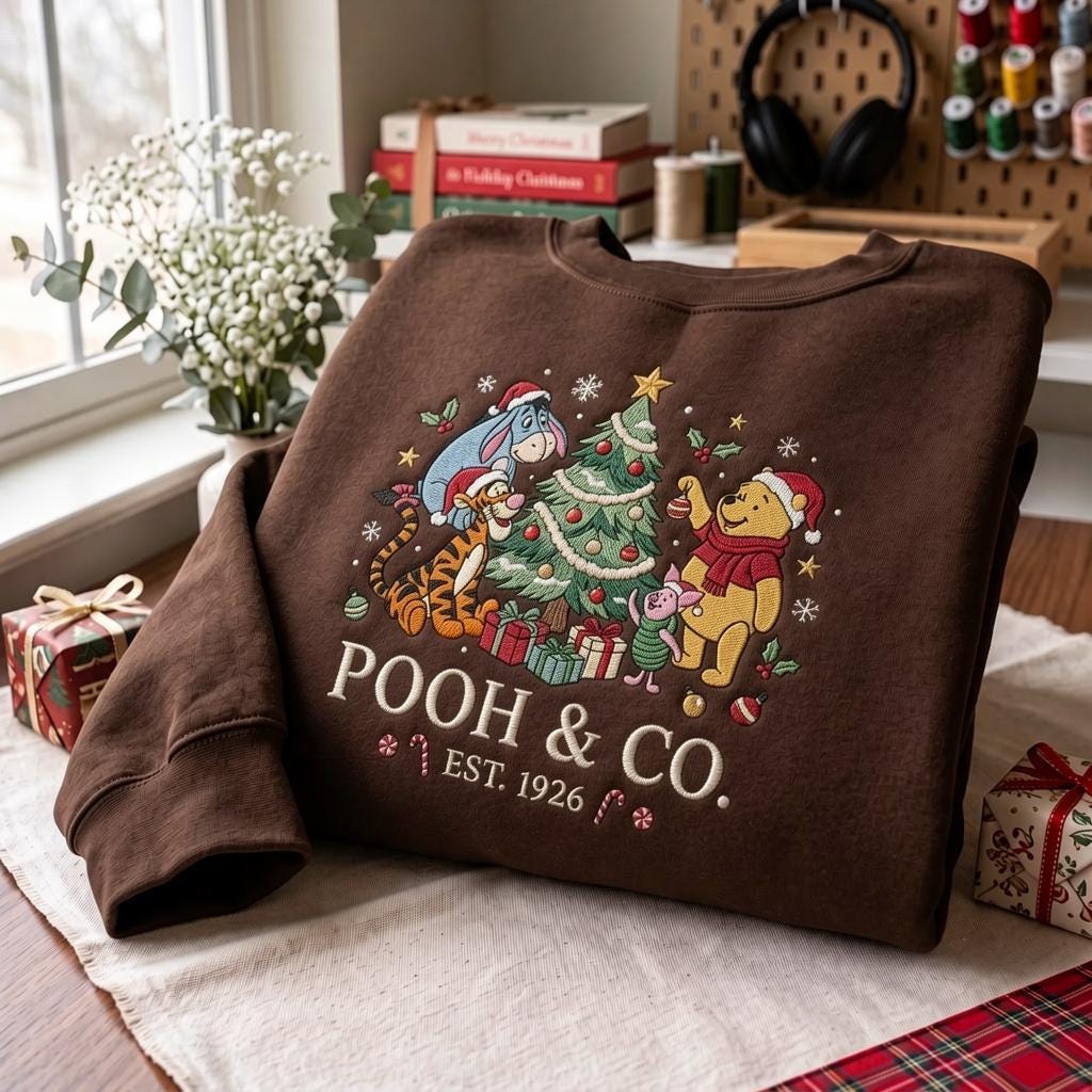 Embroidered Bear & Friends Christmas Sweatshirt, Holiday Crewneck (65% Cotton Blend)