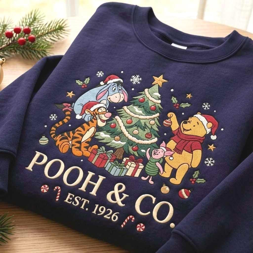 Embroidered Bear & Friends Christmas Sweatshirt, Holiday Crewneck (65% Cotton Blend)