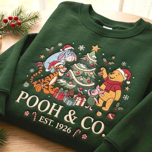 Embroidered Bear & Friends Christmas Sweatshirt, Holiday Crewneck (65% Cotton Blend)