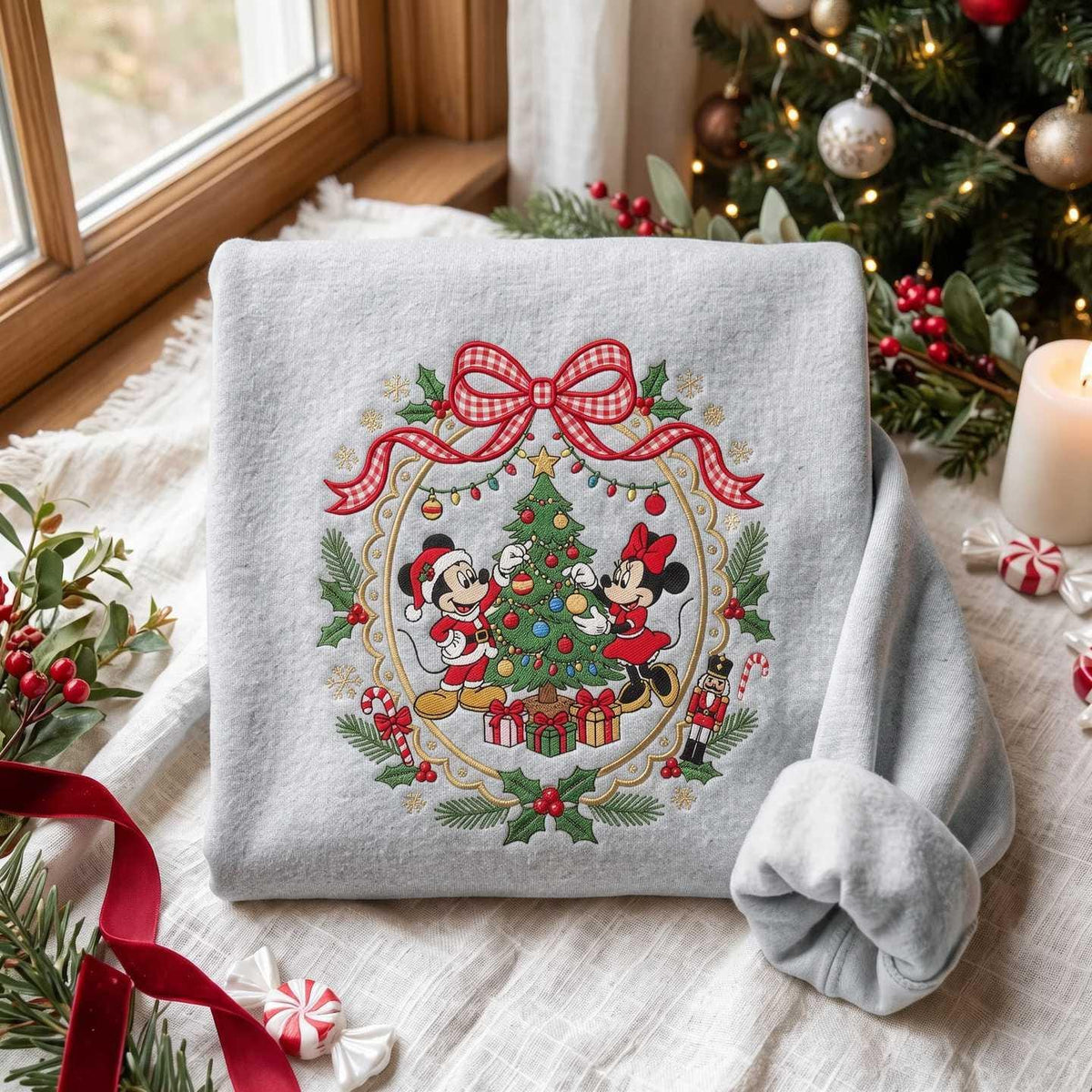 Embroidered Bow Wreath Sweatshirt, Festive Christmas Pullover, Cozy Cotton Blend Crewneck