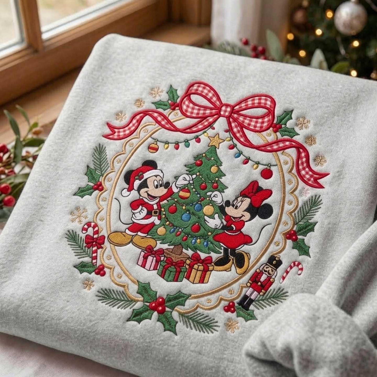 Embroidered Bow Wreath Sweatshirt, Festive Christmas Pullover, Cozy Cotton Blend Crewneck
