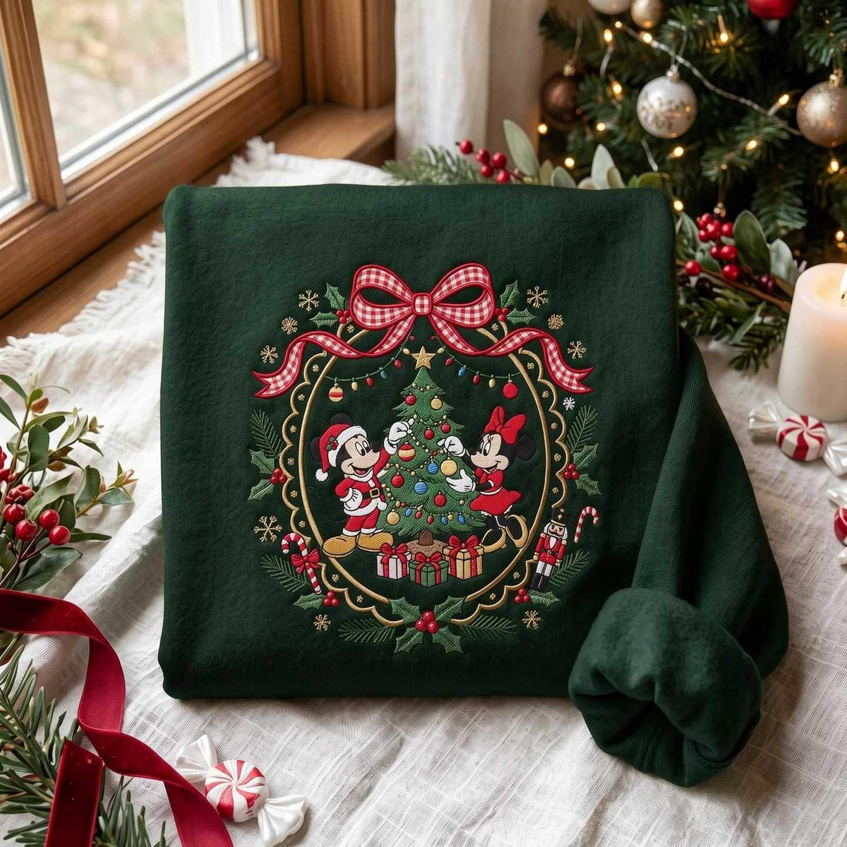 Embroidered Bow Wreath Sweatshirt, Festive Christmas Pullover, Cozy Cotton Blend Crewneck